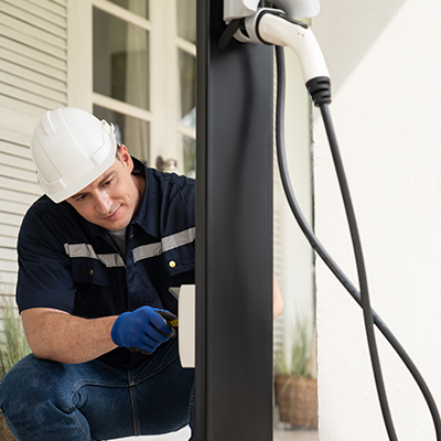 Electrician installing an EV charger at a residential property.